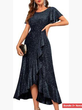 Sequin Maxi Evening Dress Short Sleeve Formal Party Wedding Cocktail